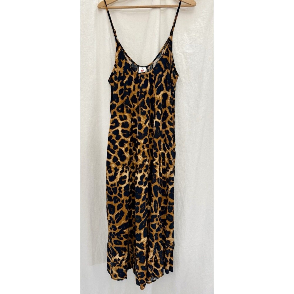 EUC Blue Leopard Print Midi Dress XL Boho Lagenlook Mob Wife Flowy Animal Print